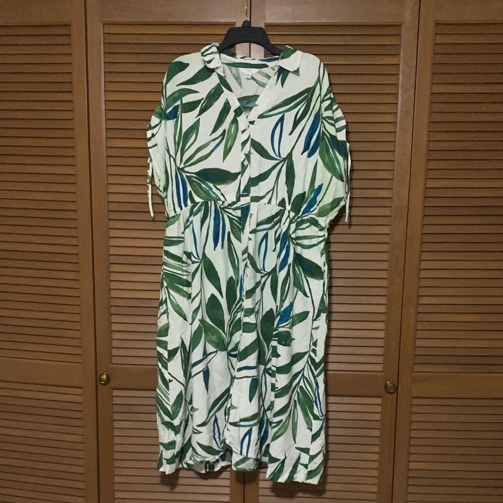 Time and Tru Linen Blend Leaf Print Button Front Cinched Waist Maxi Dress XXL 22